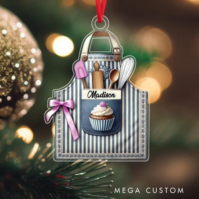 Personalized Baking Apron Flat Acrylic Christmas Ornament Baker Ornament with Name Bakery Shop Decor for Baking Lover Gift