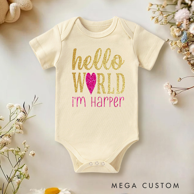 Personalized Hello World Glitter Baby Onesie Baby Announcement Gift
