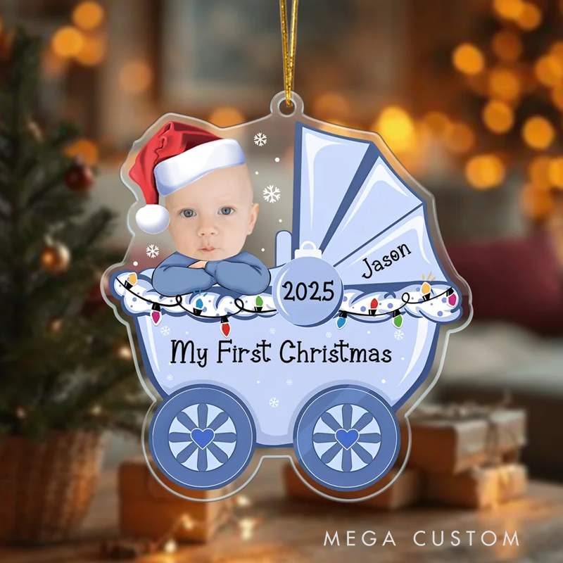 Personalized Cute Stroller Baby's First Christmas Face Photo Acrylic Ornament with Name and Year Home Decoration Christmas Gift for Babies