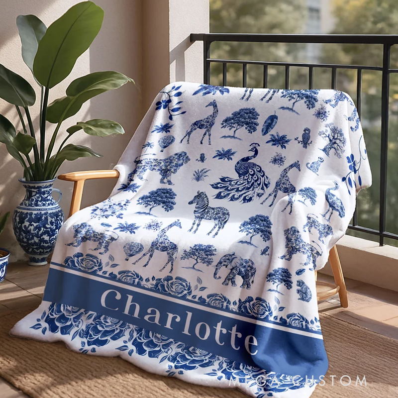 Personalized Toile De Jouy Zebra Giraffe Wild Animals Soft Throw Blanket with Name Home Decor Birthday Christmas Gift