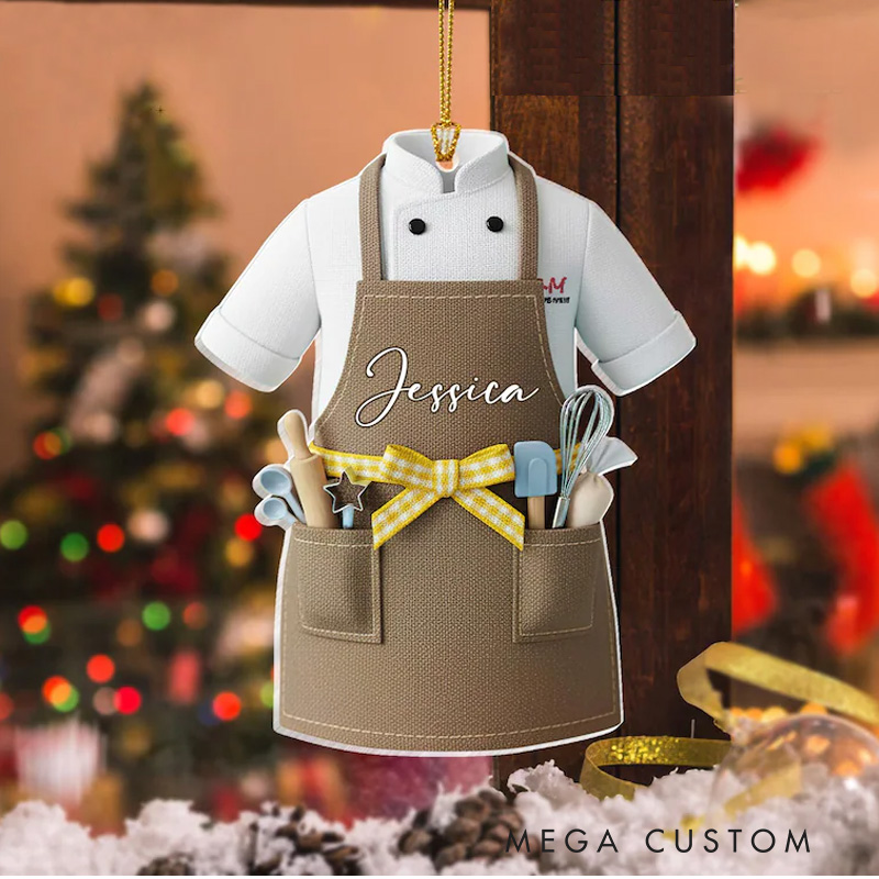 Personalized Baking Uniform Christmas Ornament 2D Acrylic Pastry Chef Ornament with Name Cookie Baking Ornament for Baking Lover Gift