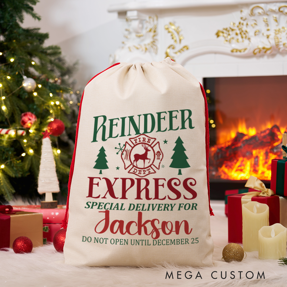 Personalized Reindeer Express Christmas Sack Special Delivery Design for Firefighter Holiday Gifts