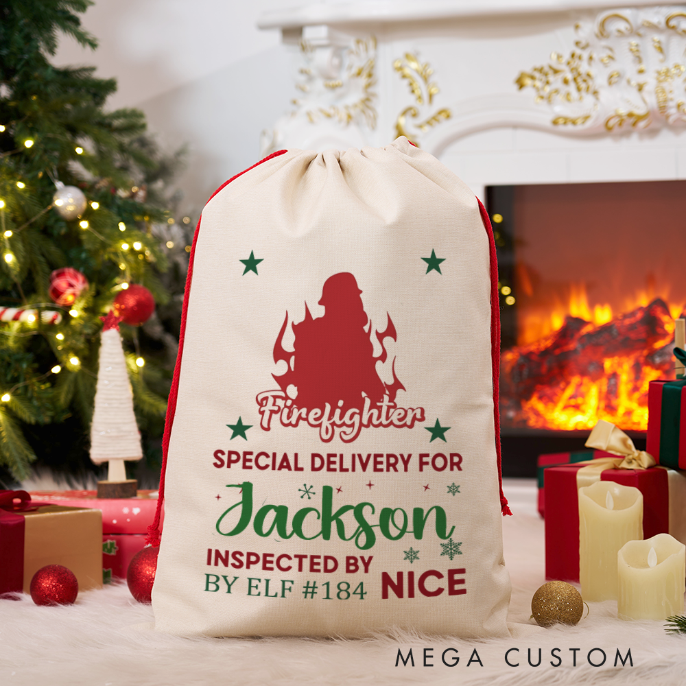 Personalized Firefighter Christmas Sack Special Delivery Design Perfect for Holiday Gifts