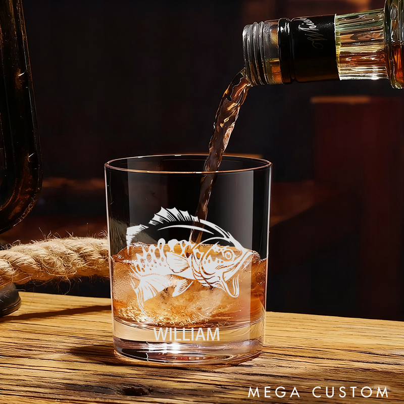 Personalized Sport Fishing Themed Whiskey Wine Cocktail and Beer Etched Fish Glassware Angler Fishermans Gift