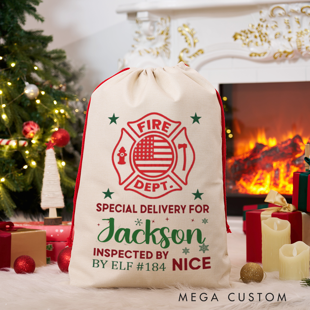 Personalized Firefighter Christmas Sack with Fire Department Design Special Delivery for Holiday Gifts