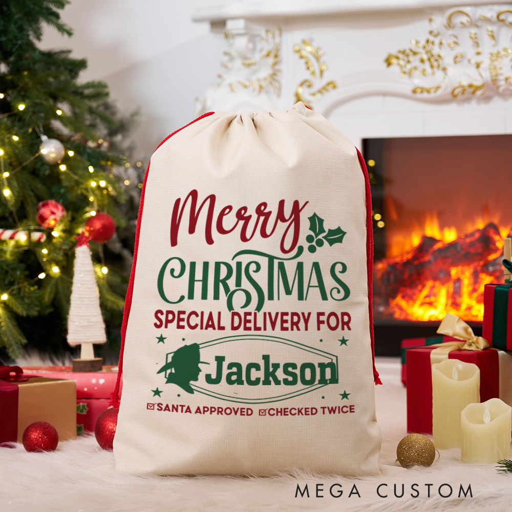 Personalized Merry Christmas Sack Special Delivery Design Santa Approved Perfect for Firefighter Holiday Gifts