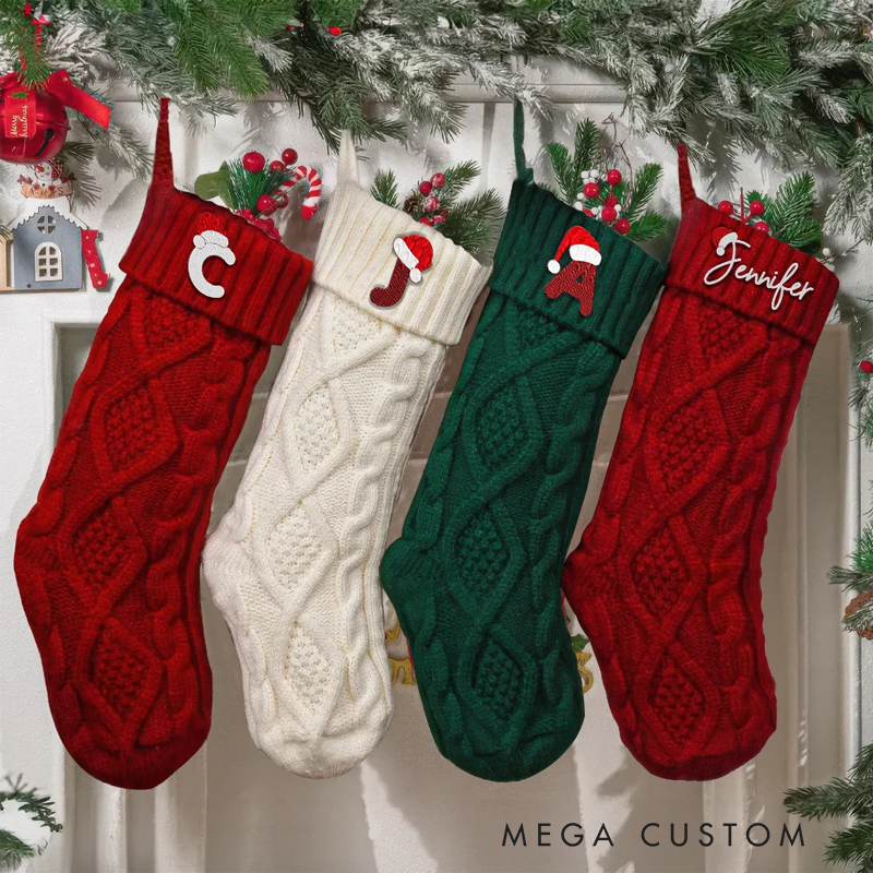 Personalized Knitted Christmas Stocking with Embroidery Name Letter Fireplace Christmas Tree Decor Hanging Ornament Gift