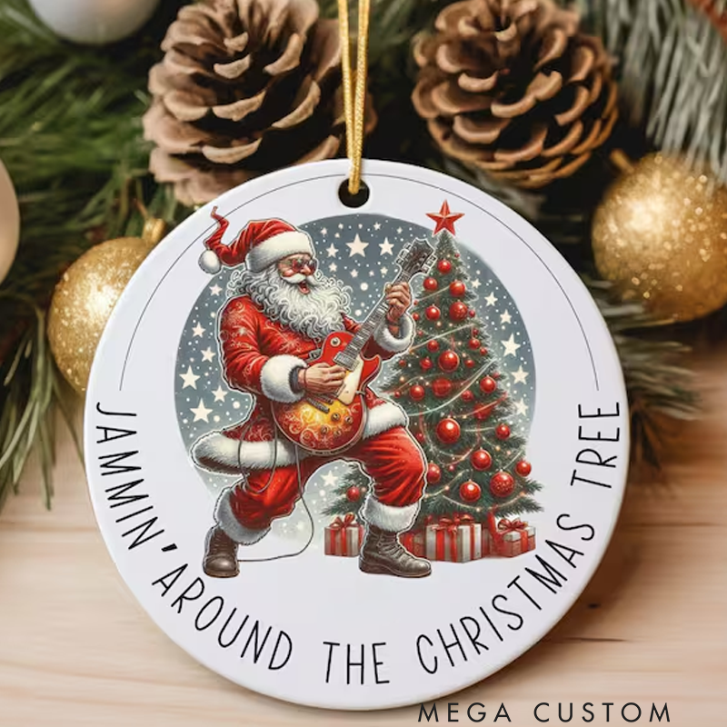 Personalized Christmas Ornament Jammin' Around the Christmas Tree Ornament Santa Playing the Guitar Music Lover Ornament Santa Rocking Out