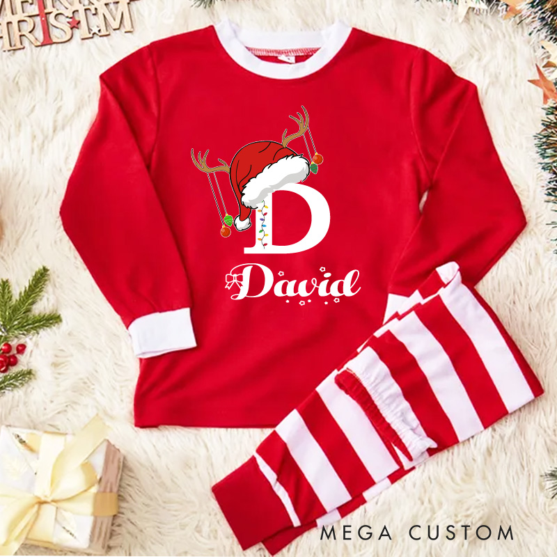 Personalized Reindeer Initial Kids Pajamas with Festive Red and White Stripes for a Joyful Holiday Season