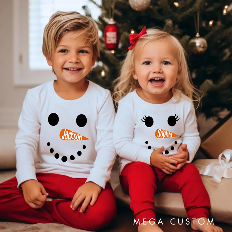 Personalized Snowman Face Kids Pajamas with Custom Names and Playful Winter Theme for Cozy Nights