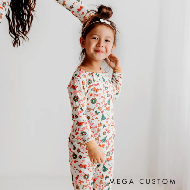 Personalized Holiday Joy Kids Pajamas with Custom Names and Colorful Christmas Patterns for Family Cheer