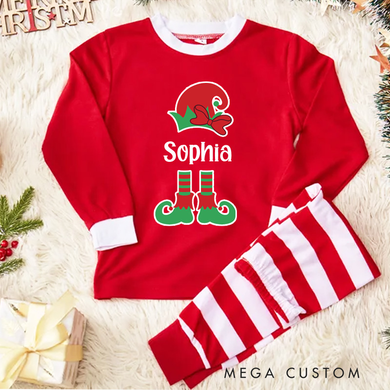 Personalized Elf Initial Kids Pajamas with Christmas Hat and Stripes for a Playful Holiday Look