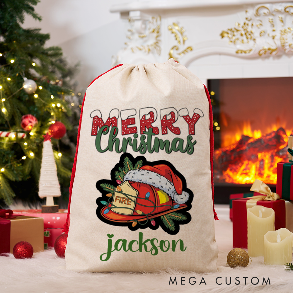 Personalized Merry Christmas Sack Firefighter Helmet Design Perfect for Holiday Gifts