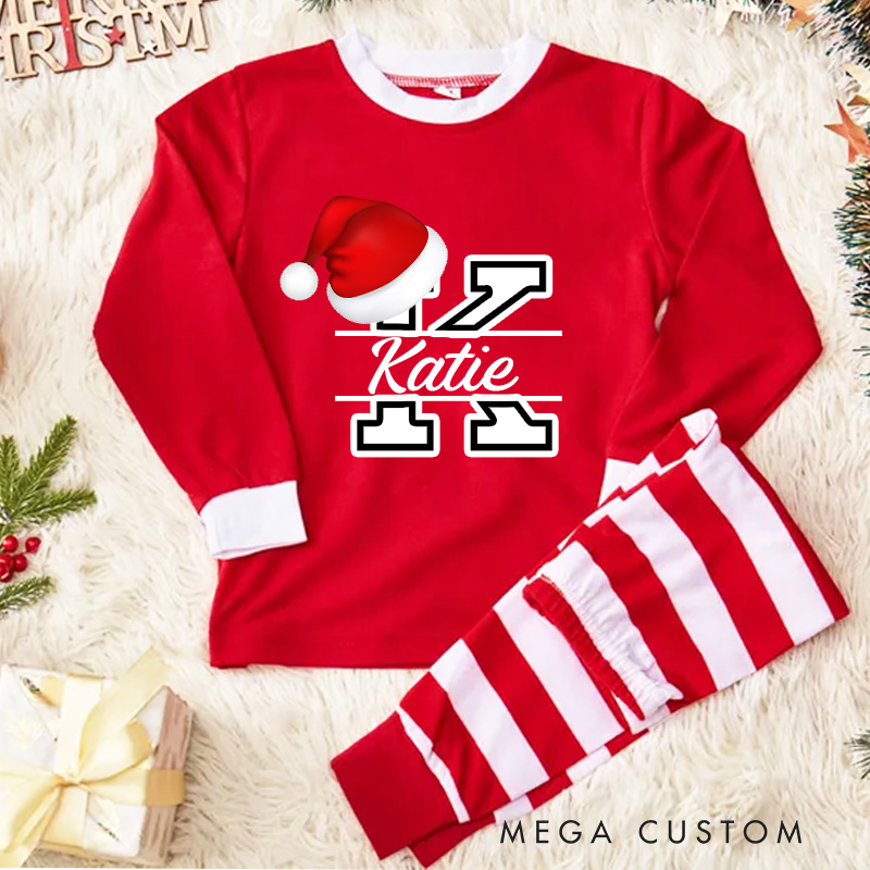 Personalized Santa Hat Initial Kids Pajamas with Red and White Stripes for Festive Fun