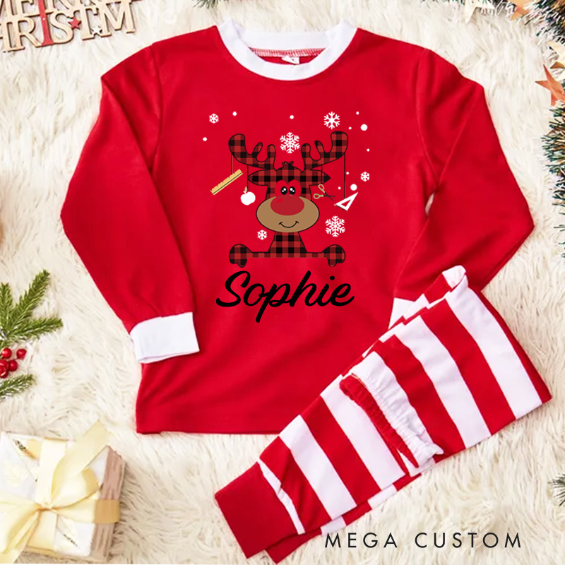 Personalized Reindeer Kids Pajamas with Red Nose and Stripes for a Jolly Holiday Season