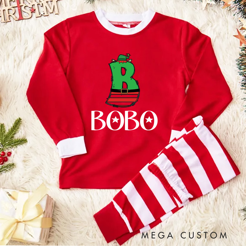 Personalized Christmas Boot Initial Kids Pajamas with Festive Red and White Stripes for Holiday Cheer