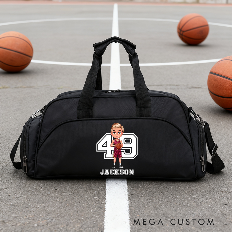 Personalized Sports Duffel Bag with Custom Name, Number, and Cartoon Design