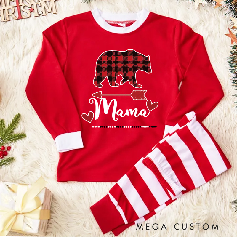 Personalized Plaid Bear Kids Pajamas with Cozy Red and White Stripes for a Warm Winter Night