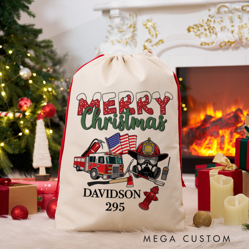 Personalized Merry Christmas Sack Firefighter Themed Design with Fire Truck and Gear Perfect for Firefighter Holiday Gifts