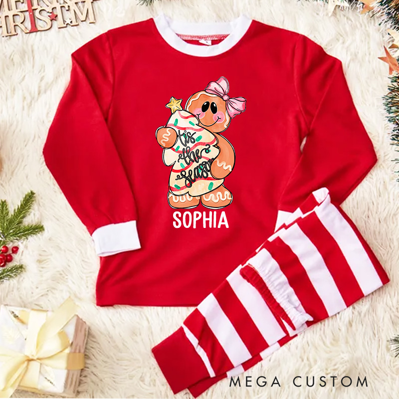 Personalized Gingerbread Man Kids Pajamas with Festive Red and White Stripes for Holiday Joy