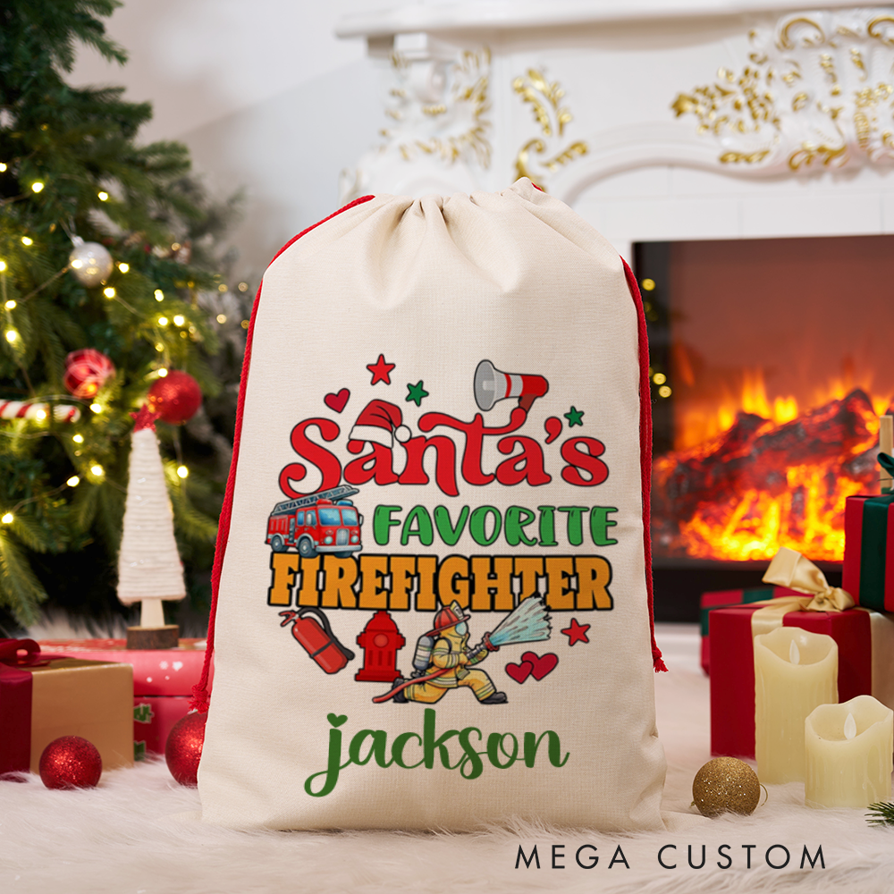 Personalized Santa's Favorite Firefighter Christmas Sack Firefighter Themed Design Perfect for Firefighter Holiday Gifts