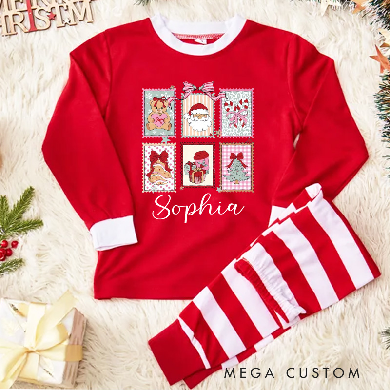 Personalized Christmas Window Kids Pajamas with Festive Scenes and Red and White Stripes for Holiday Magic