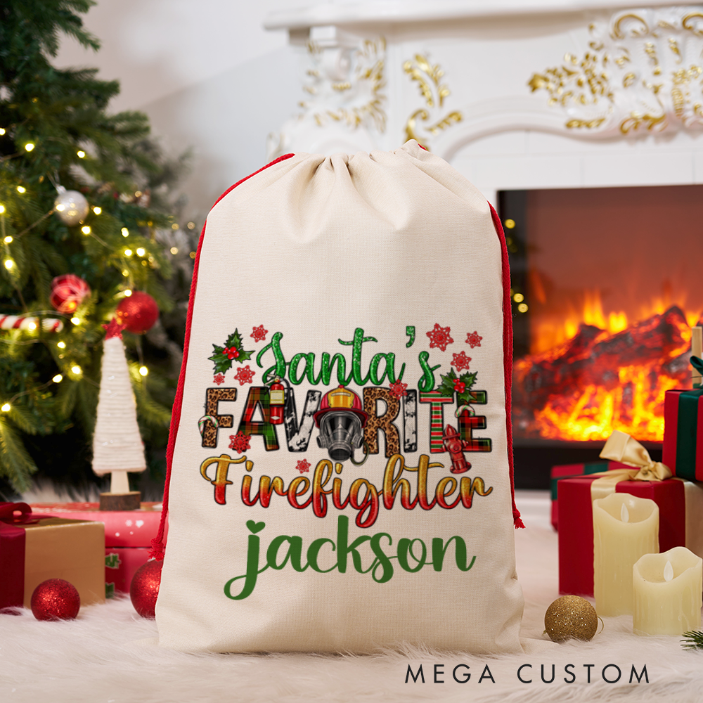 Personalized Santa's Favorite Firefighter Christmas Sack Festive Design Perfect for Firefighter Holiday Gifts