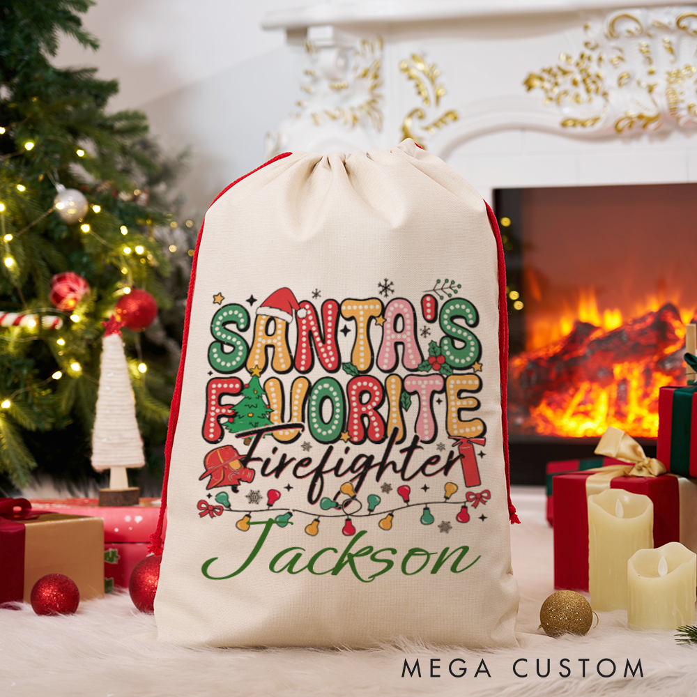 Personalized Santa's Favorite Firefighter Christmas Sack Cheerful Design Perfect for Firefighter Holiday Gifts
