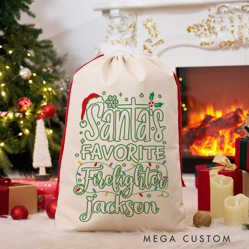 Personalized Santa's Favorite Firefighter Christmas Sack Elegant Design Perfect for Firefighter Holiday Gifts