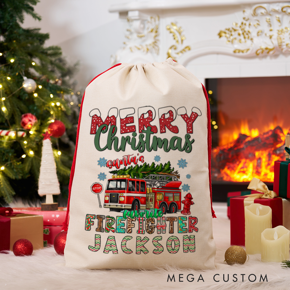 Personalized Merry Christmas Sack Santa's Favorite Firefighter Themed Design Perfect for Firefighter Holiday Gifts