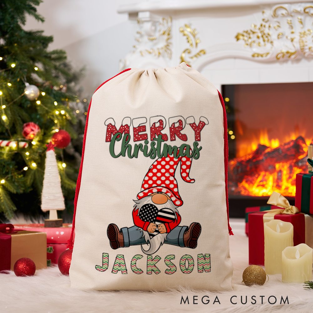 Personalized Merry Christmas Sack Firefighter Gnome Design Perfect for Firefighter Holiday Gifts