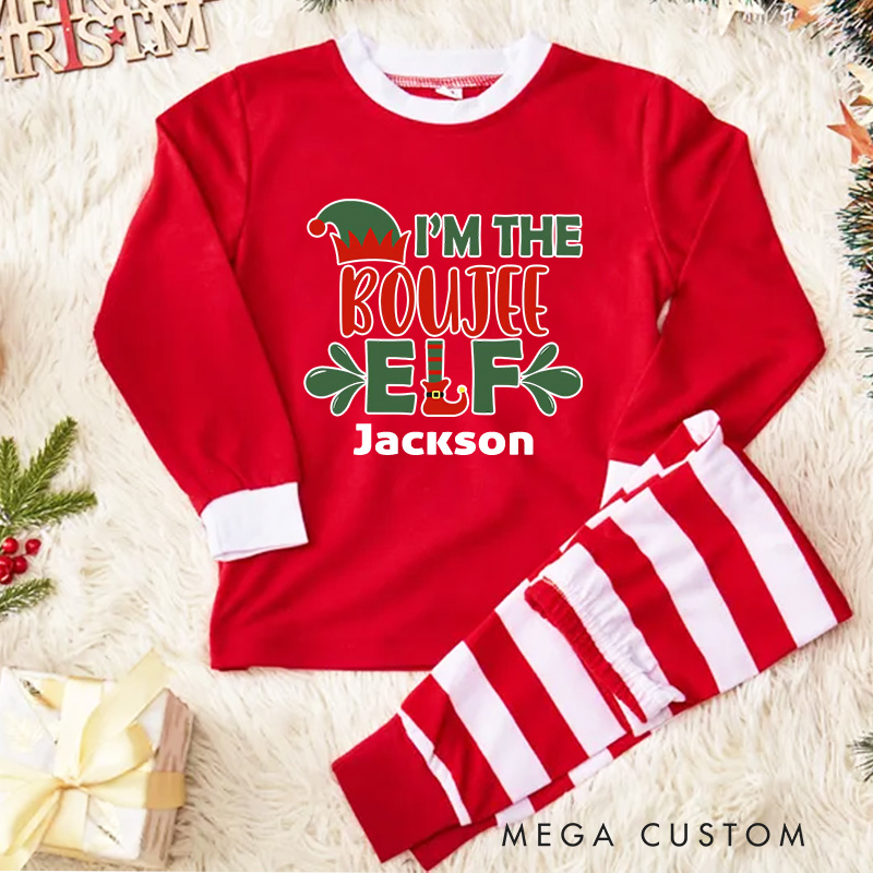 Personalized I'm the Boujee Elf Kids Pajamas with Festive Red and White Stripes for a Playful Holiday Season