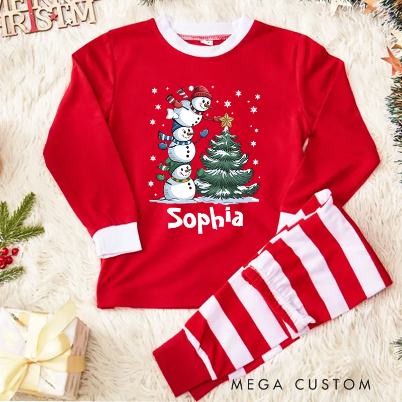 Personalized Christmas Tree Kids Pajamas with Snowy Scene and Stripes for a Merry Celebration