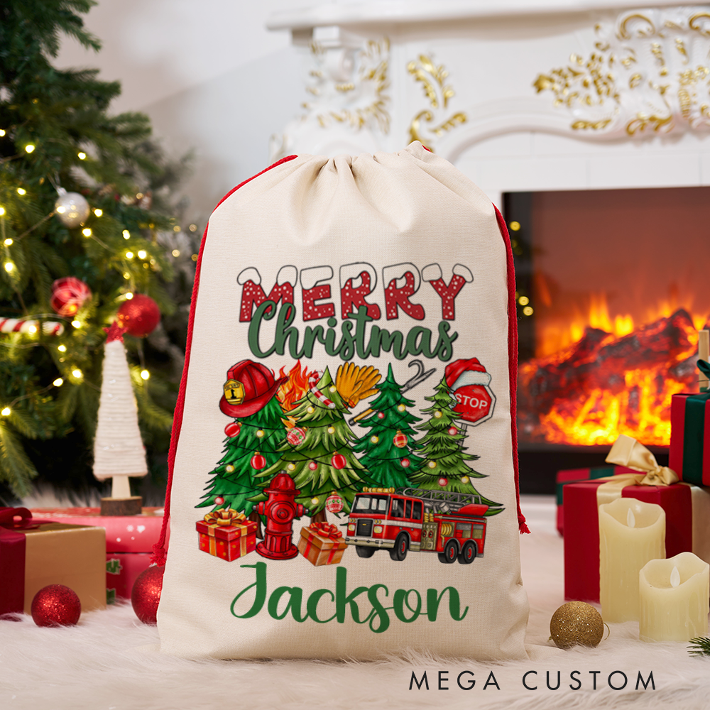 Personalized Merry Christmas Sack Firefighter Themed Festive Tree and Firetruck Design Perfect for Holiday Gifts