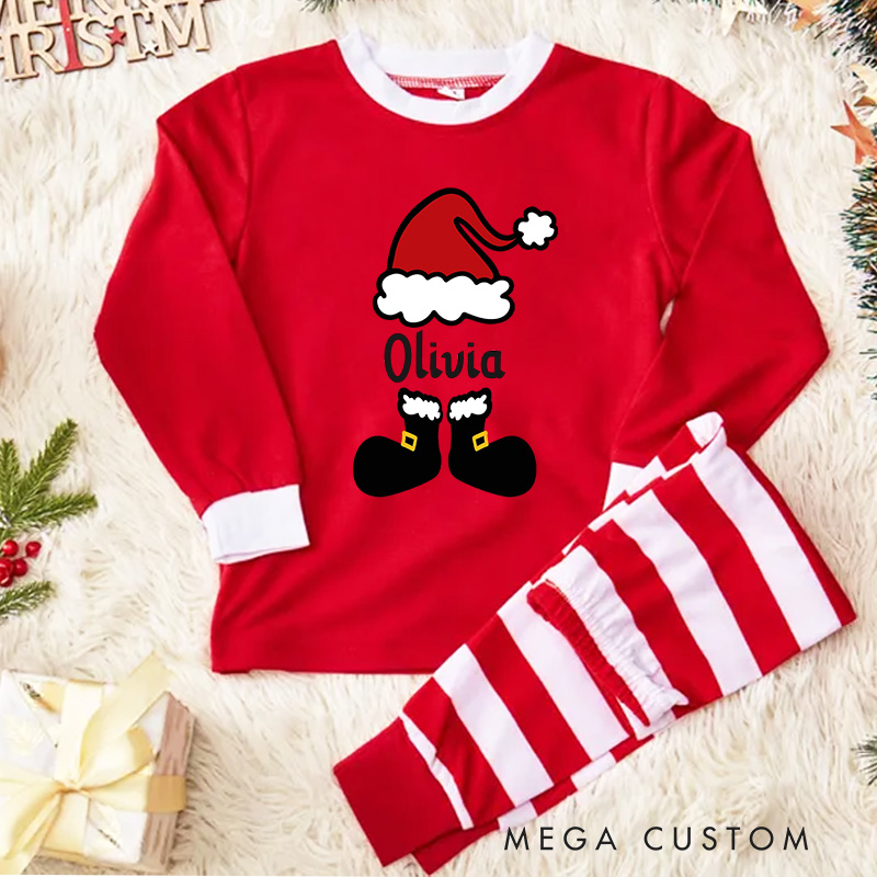 Personalized Santa Hat and Boots Kids Pajamas with Festive Red and White Stripes for Holiday Cheer