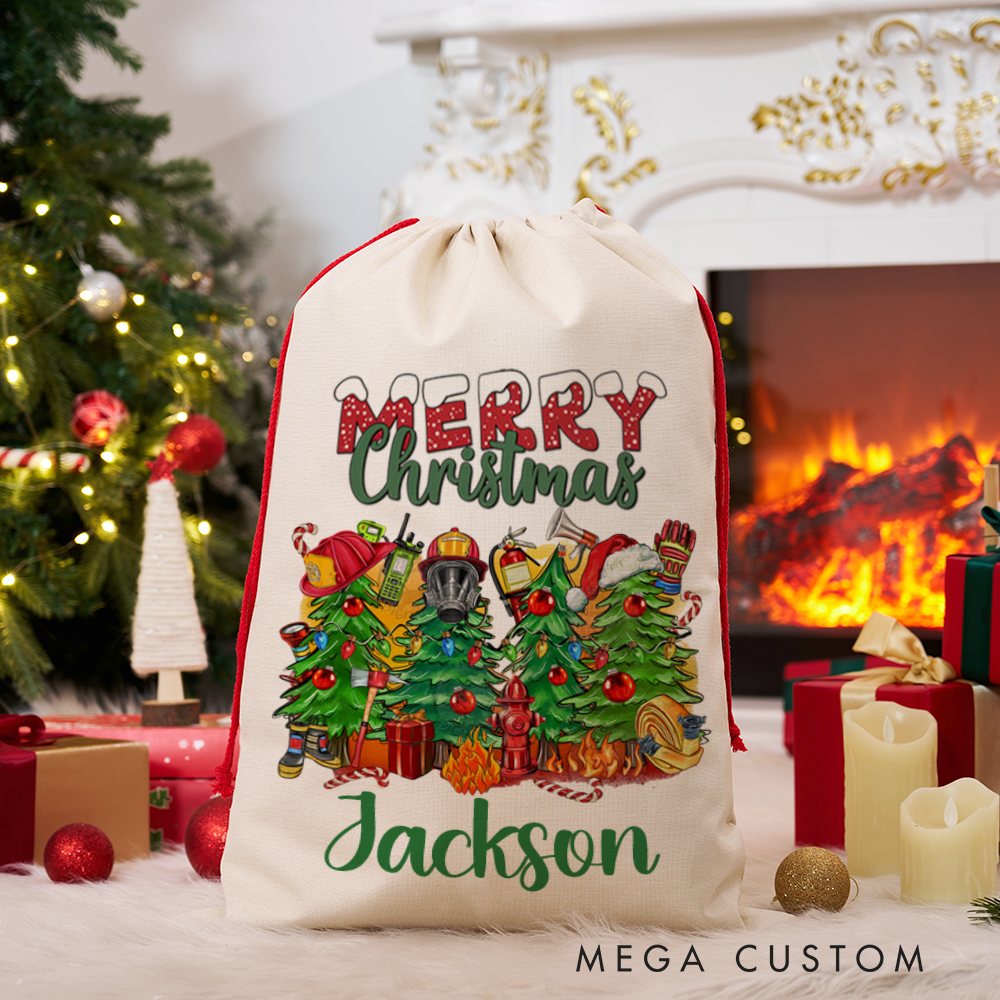 Personalized Merry Christmas Sack Firefighter Themed Christmas Tree and Gear Design Perfect for Holiday Gifts