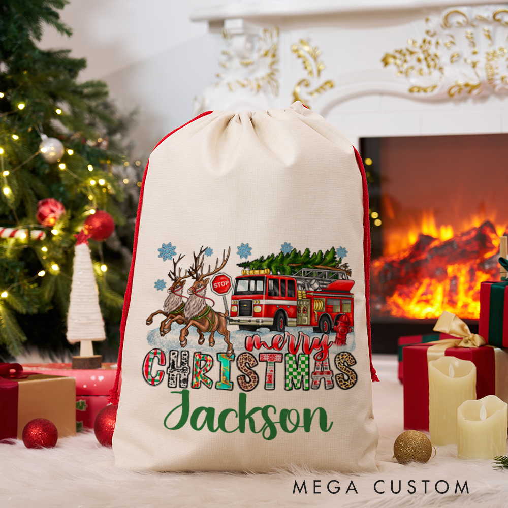 Personalized Merry Christmas Sack Firetruck and Reindeer Design Perfect for Holiday Gifts