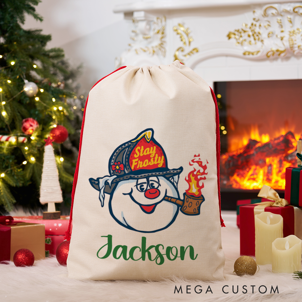 Personalized Stay Frosty Firefighter Snowman Christmas Sack Fun and Festive Design Perfect for Holiday Gifts