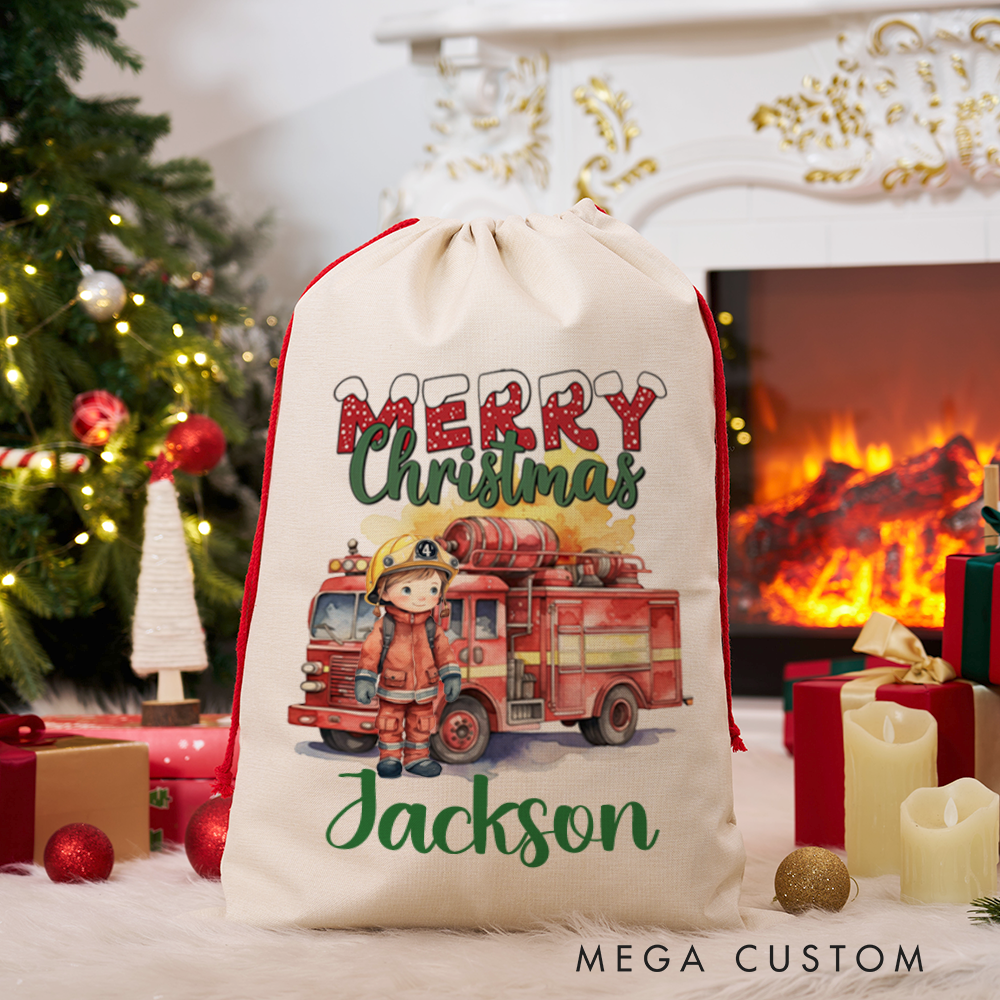 Personalized Merry Christmas Sack Firefighter and Firetruck Watercolor Design Perfect for Holiday Gifts