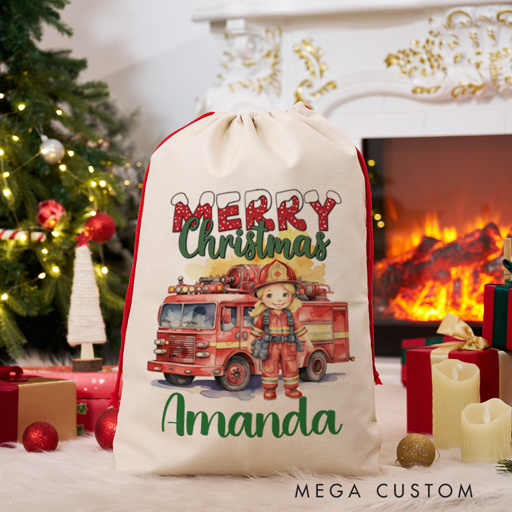 Personalized Merry Christmas Sack Firefighter and Firetruck Watercolor Design Perfect for Holiday Gifts