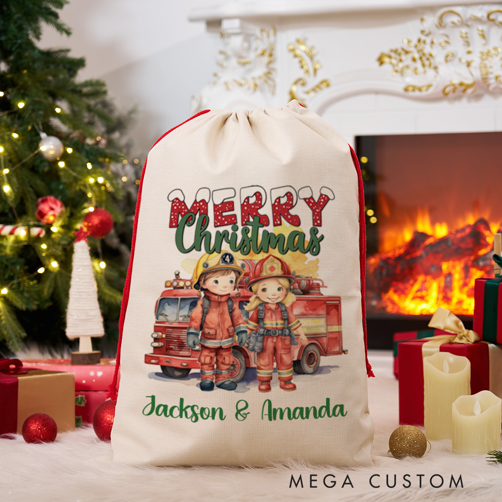 Personalized Merry Christmas Sack Firefighter Duo and Firetruck Watercolor Design Perfect for Holiday Gifts