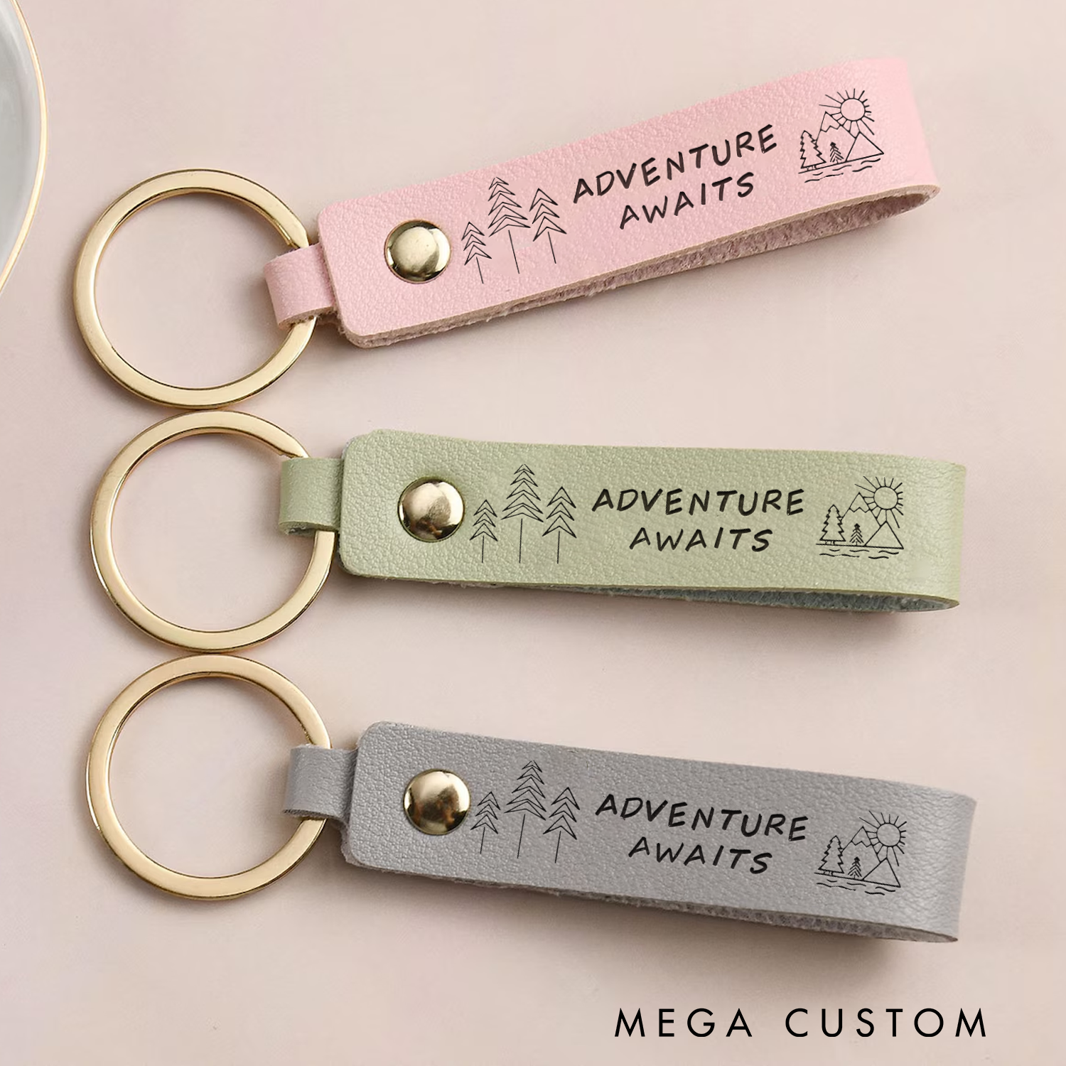 Personalized Happy Campers Leather Keychain Custom Keychains with Adventure Awaits Outdoor Lovers Keychain