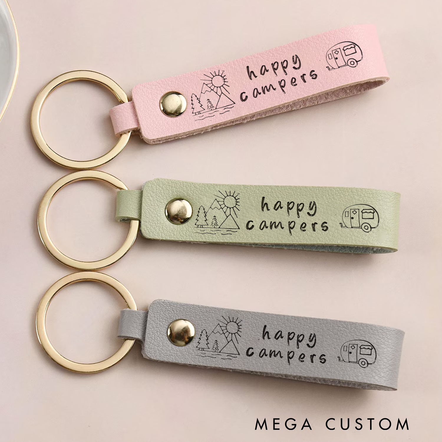 Personalized Happy Campers Leather Keychain Custom Leather Keychains Outdoor Camping Lovers Keychain