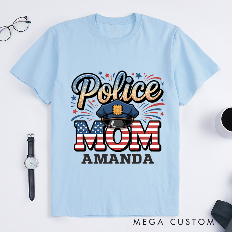 Personalized Police Mom T-Shirt with Patriotic Design and Custom Name Gift for Proud Moms 