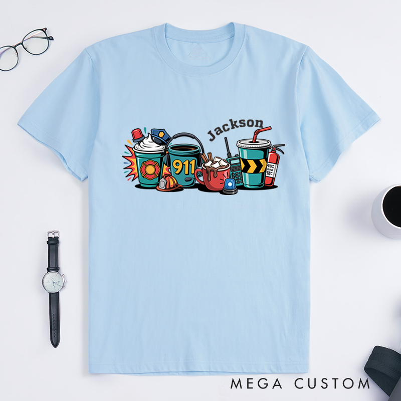 Personalized 911 Dispatcher T-Shirt with Fun Coffee and Work Themed Design Gift for Dispatchers