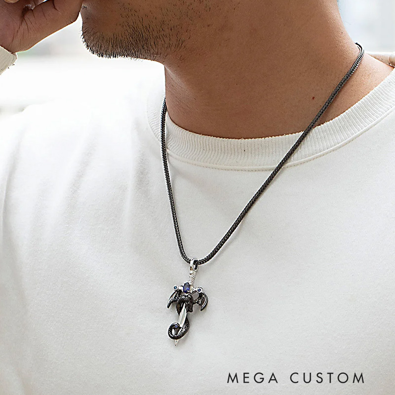 Personalized Wing Dragon Wrapped Sword Necklace with Birthstone Gothic Pendant Jewelry Birthday Gift for Rock Punk Lovers Book Lovers Gift