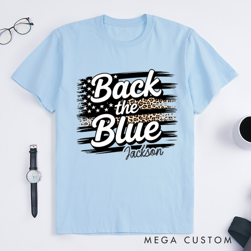 Personalized Back the Blue T-Shirt with Leopard Print and American Flag Design Gift for Police Supporters