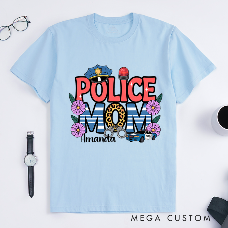 Personalized Police Mom T-Shirt with Floral and Police Themed Design Gift for Proud Law Enforcement Moms