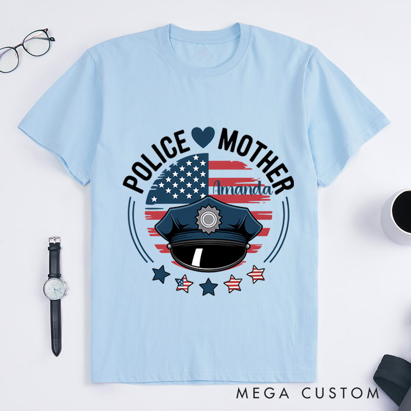 Personalized Police Mother T-Shirt with American Flag and Police Hat Design Gift for Proud Moms of Officers