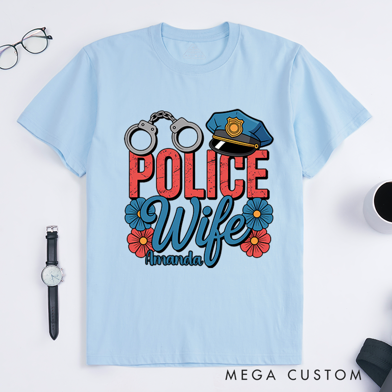Personalized Police Wife T-Shirt with Handcuff, Hat, and Floral Design Gift for Proud Law Enforcement Wives